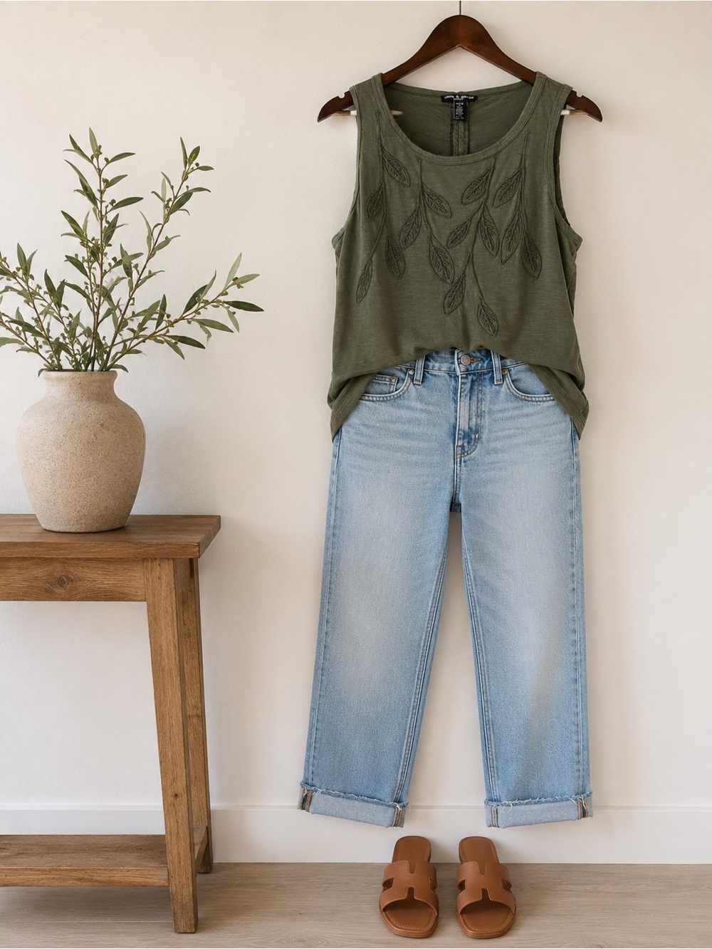 Cable & Gauge Petite Olive Embroidered Tank Top | PXL| Leaf Detail |Sleeveless